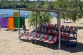 Rows of multi-colored beach volleyball tribune seats Royalty Free Stock Photo