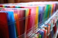 rows of multi-colored files containing lesson plans