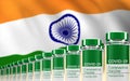 Rows of multiple Covid-19 vaccine vials with flag of India in background. Mass production and inoculation concept. 3d rendering Royalty Free Stock Photo