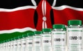 Rows of multiple Covid-19 vaccine vials with flag of Kenya in background. Mass production and inoculation concept. 3d rendering Royalty Free Stock Photo