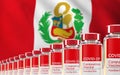 Rows of multiple Covid-19 vaccine vials with flag of Peru in background. Mass production and inoculation concept. 3d rendering Royalty Free Stock Photo