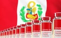 Rows of multiple Covid-19 vaccine vials with flag of Peru in background. Mass production and inoculation concept. 3d rendering Royalty Free Stock Photo
