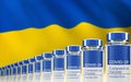 Rows of multiple Covid-19 vaccine vials with flag of Ukraine in background. Mass production and inoculation concept. 3d rendering Royalty Free Stock Photo