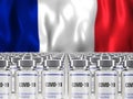 Rows of multiple Covid-19 vaccine vials with French flag in background. Mass production and inoculation concept. 3d rendering Royalty Free Stock Photo