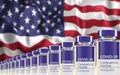 Rows of multiple Covid-19 vaccine vials with USA flag in background. Mass production and inoculation concept.