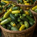 rows of green and yellow zucchini arranged neatly in a large bushel basket