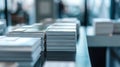 Rows of neatly arranged informational pamphlets brochures and business cards on a sleek modern display table