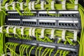 Rows of network cables connected to router and switch hub Royalty Free Stock Photo