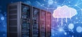 Rows of Network Server Racks with Cloud Computing Shape, Data Processing, Hosting Technology Royalty Free Stock Photo