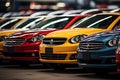 Rows of new cars parked in a dealership parking lot for sales, automotive industry