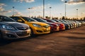 Rows of new cars parked in a dealership parking lot for sales, automotive industry