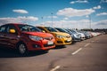 Rows of new cars parked in a dealership parking lot for sales, automotive industry