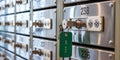 Rows of numbered metal safe deposit boxes with keys in lock 238 security Royalty Free Stock Photo