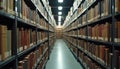 Rows of old books fill library shelves creating an atmosphere of knowledge and learning. Vast collection offers access to Royalty Free Stock Photo