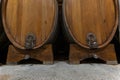 Rows of old oak barrels in the wine cellar Royalty Free Stock Photo