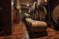 Rows of old oak barrels in the wine cellar Royalty Free Stock Photo