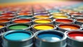 Rows of open metal cans filled with various colorful liquid paints. Palette of shades for home renovation and artistic creation. Royalty Free Stock Photo