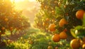 Rows of Orange Trees Laden with Fruit in a Sunlit Orchard Landscape grove Royalty Free Stock Photo