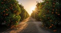 Rows of Orange Trees Laden with Fruit at Sunset with Sunburst orchard oranges Royalty Free Stock Photo