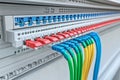 Rows of organized multicolored Ethernet cables plugged into a server rack symbolizing structured network infrastructure and eff