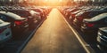 The rows of parked cars illuminated by a beautiful sunset in an urban setting. AI generated image Royalty Free Stock Photo