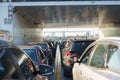 Rows of parked cars during transportation by ferry across the strait. Royalty Free Stock Photo