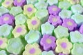 Rows of Pastel Colored Flower Shaped Marshmallow Candies for Backdrop Royalty Free Stock Photo