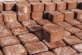 Rows of paving slabs on a pallet, Paving stones are prepared for paving streets. Construction of a pedestrian path