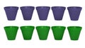 Rows of plastic flower pots isolated on white background with reflection. Green and violet colors. Royalty Free Stock Photo