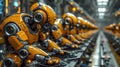 Rows Of Precision-Engineered, Orange Robotic Arms Poised Over An Assembly Line In A High-Tech