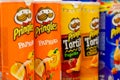 Soest, Germany - January 2, 2018: Rows of Pringles Snacks. Pringles owned by the Kellogg Company, famous brand of potato snack