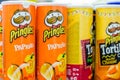 Soest, Germany - January 3, 2018: Rows of Pringles Snacks. Pringles owned by the Kellogg Company, famous brand of potato snack