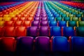 Rows of rainbow color seats in a theater. Generative AI