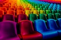 Rows of rainbow color seats in a theater. Generative AI