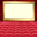 Rows of red cinema or theater seats in front of black blank screen. Wide empty movie theater auditorium with red seats. Vector Royalty Free Stock Photo