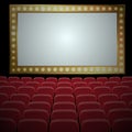 Rows of red cinema or theater seats in front of black blank screen. Wide empty movie theater auditorium with red seats. Vector Royalty Free Stock Photo