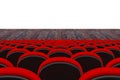 Rows of Red Cinema or Theater Seats in front of Cinema or Theater Scene with Blank Space for Yours Design. 3d Rendering
