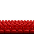 Rows of red cinema or theater seats in front of white blank screen. Wide empty movie theater auditorium with red seats. Vector Royalty Free Stock Photo