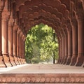 The rows of red pillars ascending to the roof of the ancient palace