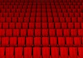 Rows of red velvet seats watching movies in the cinema with copy space banner background. Entertainment and Theater concept. 3D Royalty Free Stock Photo