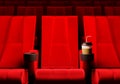 Rows of red velvet seats watching movies in the cinema with copy space banner background. Entertainment and Theater concept. 3D Royalty Free Stock Photo