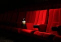 Rows of red velvet seats watching movies in the cinema with copy space banner background. Entertainment and Theater concept. 3D Royalty Free Stock Photo