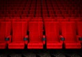 Rows of red velvet seats watching movies in the cinema with copy space banner background. Entertainment and Theater concept. 3D Royalty Free Stock Photo