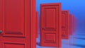 Rows of red wooden closed doors on a blue background. There are many ways to choose. Decision making concepts, different