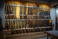 Rows of rifles on the wall, showcase in gun shop