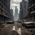 Cars parked in a dirty city street with a building in the background, apocalyptic future city.
