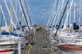 Rows of sailboats moored at a marina in Sweden