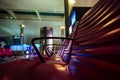 Rows of seats at the airport, close-up. Seats in the waiting room at the station, selective focus. Modern airport, futuristic Royalty Free Stock Photo