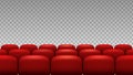 Rows seats. Red theater movie opera seats isolated on transparent background. Vector chairs backdrop