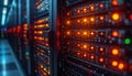 Closeup of server racks with multiple rows of blinking red and orange lights in data center Royalty Free Stock Photo